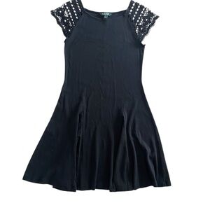 Lauren Ralph Lauren Woman’s Black Knit Dress with Crochet Cap Sleeves SZ Medium